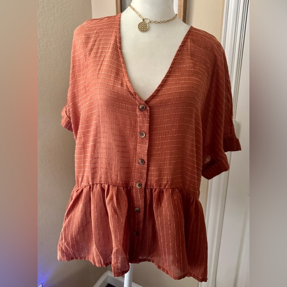 Blu Pepper • Striped Rust Orange Brown Babydoll Button Down Top NWT